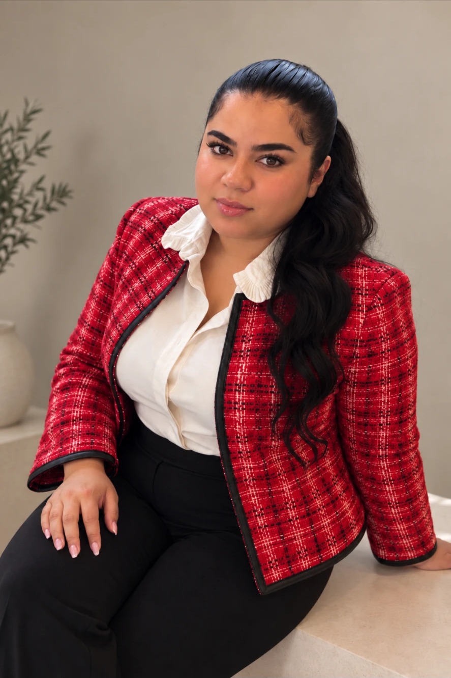 Eneida in a red tweed jacket